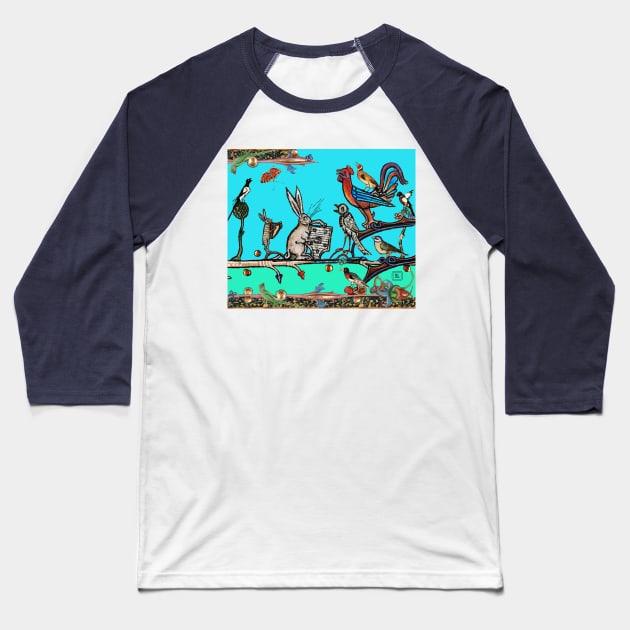 WEIRD MEDIEVAL BESTIARY MORNING MUSIC CONCERT OF RABBITS AND BIRDS IN TEAL BLUE Baseball T-Shirt by BulganLumini